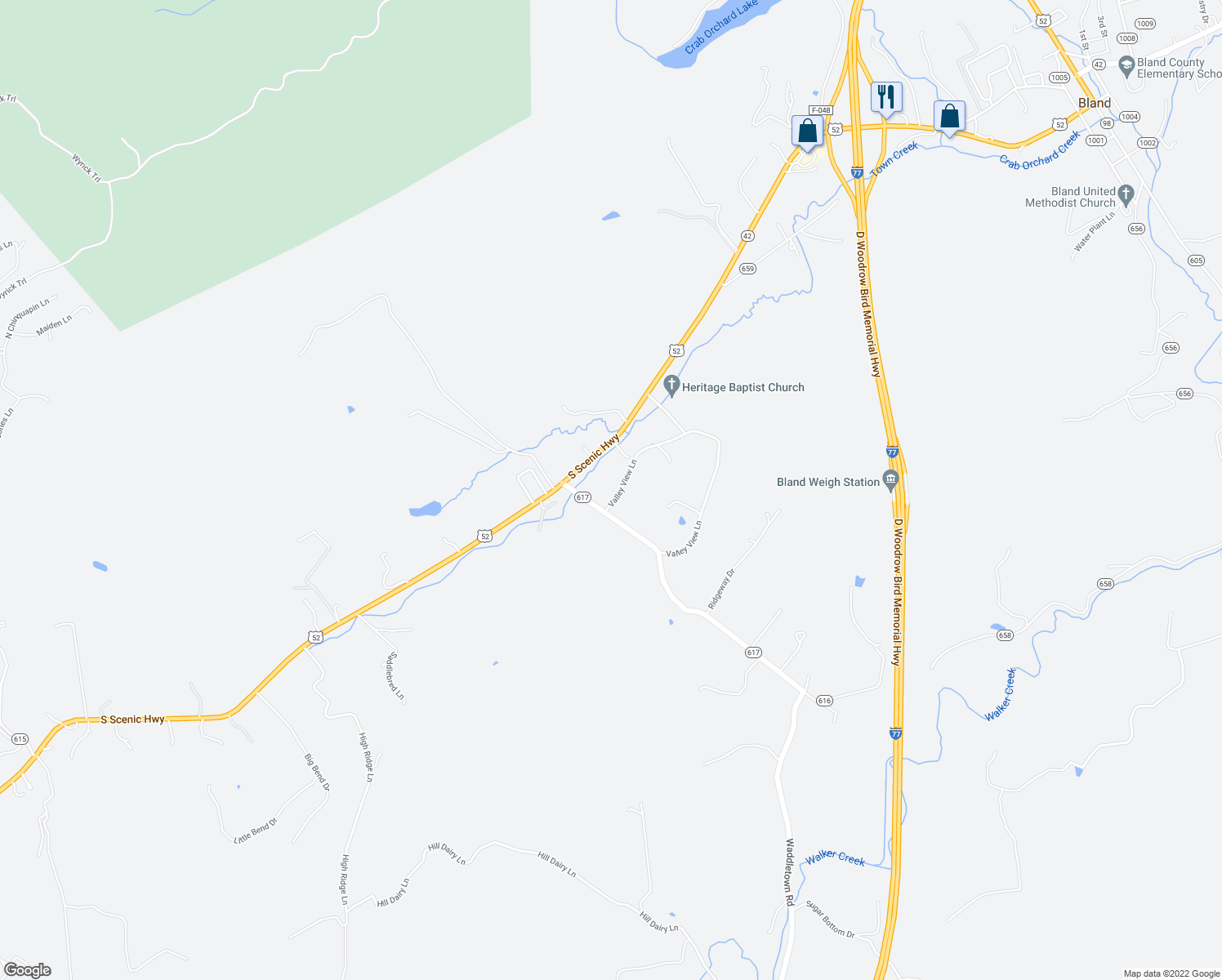 map of restaurants, bars, coffee shops, grocery stores, and more near 59 Valley View Lane in Bland