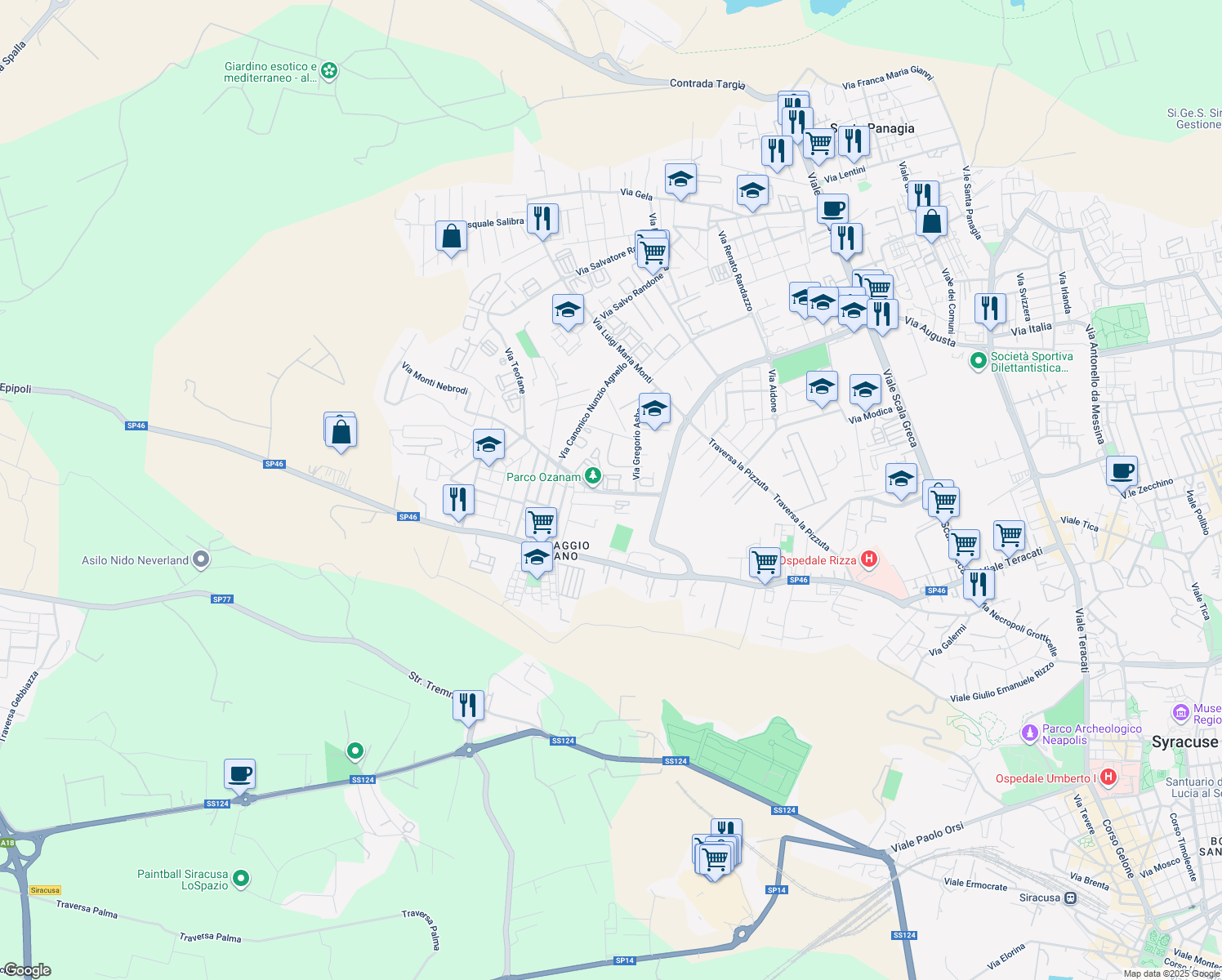 map of restaurants, bars, coffee shops, grocery stores, and more near 4 Via Antonio Federico Ozanam in Siracusa