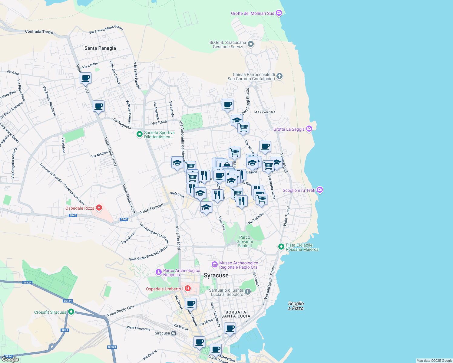 map of restaurants, bars, coffee shops, grocery stores, and more near 118 Via Tisia in Siracusa