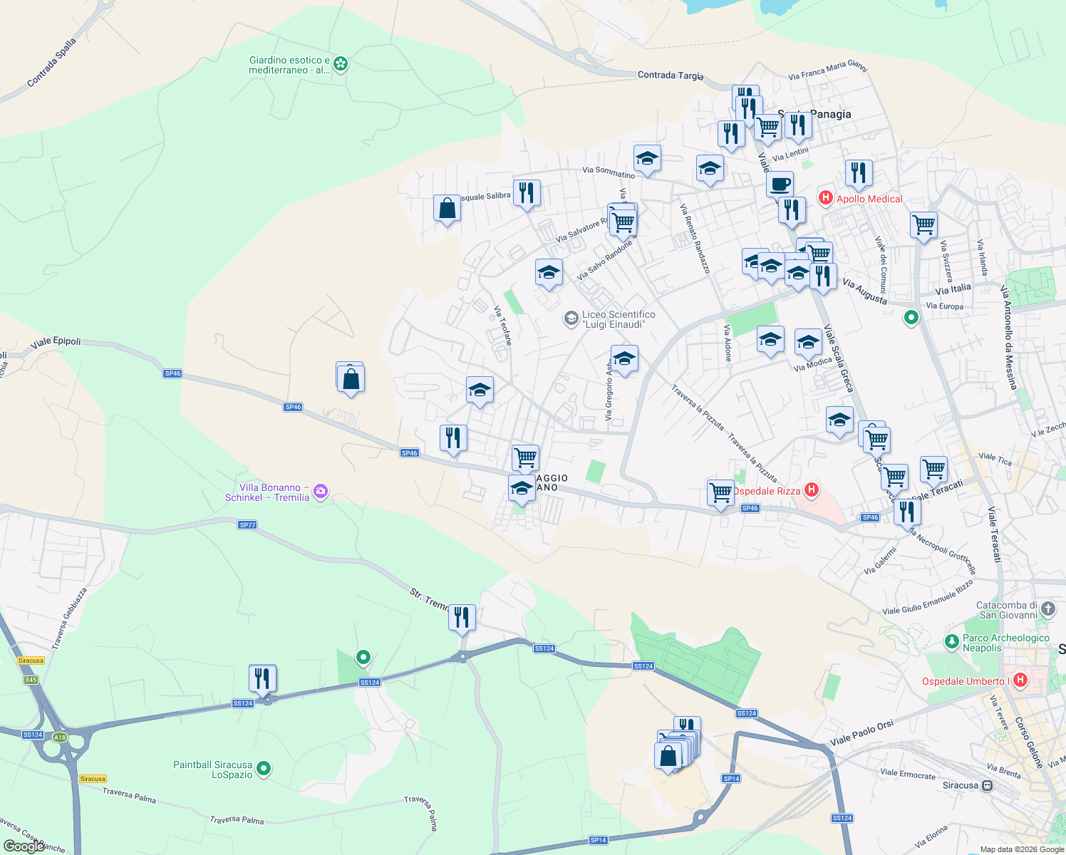 map of restaurants, bars, coffee shops, grocery stores, and more near 37 Via Madonie in Siracusa