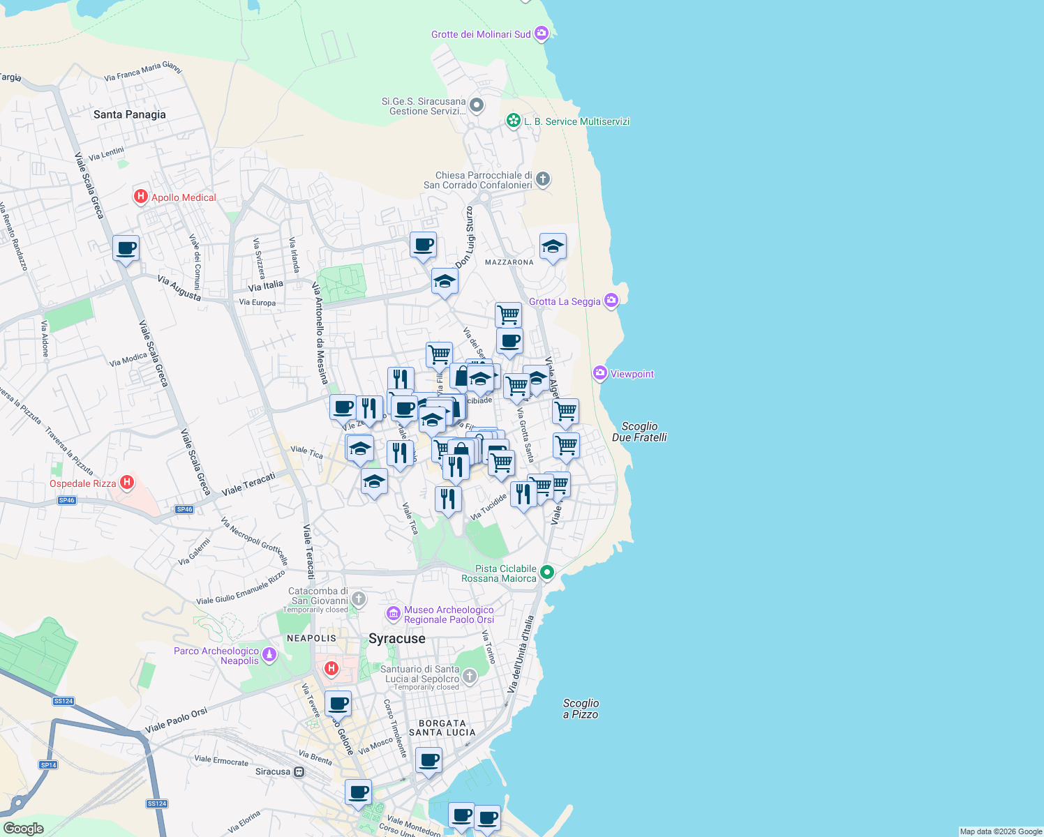 map of restaurants, bars, coffee shops, grocery stores, and more near 84 Via Grotta Santa in Siracusa