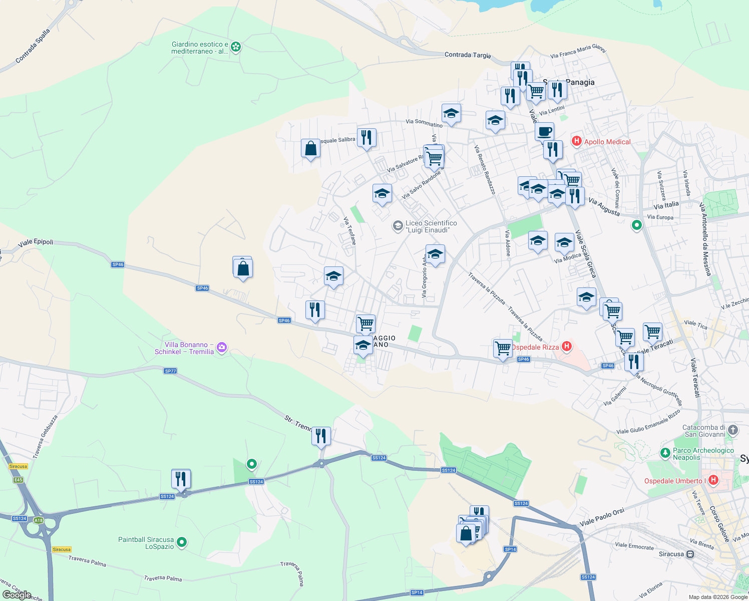 map of restaurants, bars, coffee shops, grocery stores, and more near 37 Via Madonie in Syracuse