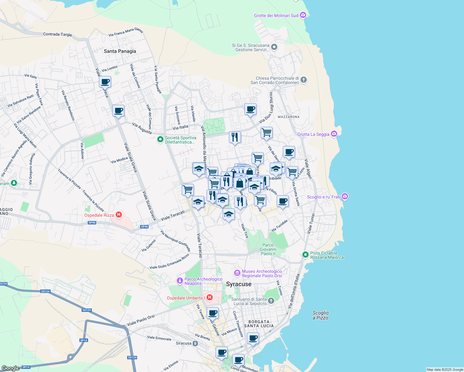 map of restaurants, bars, coffee shops, grocery stores, and more near 94 Viale Zecchino in Siracusa