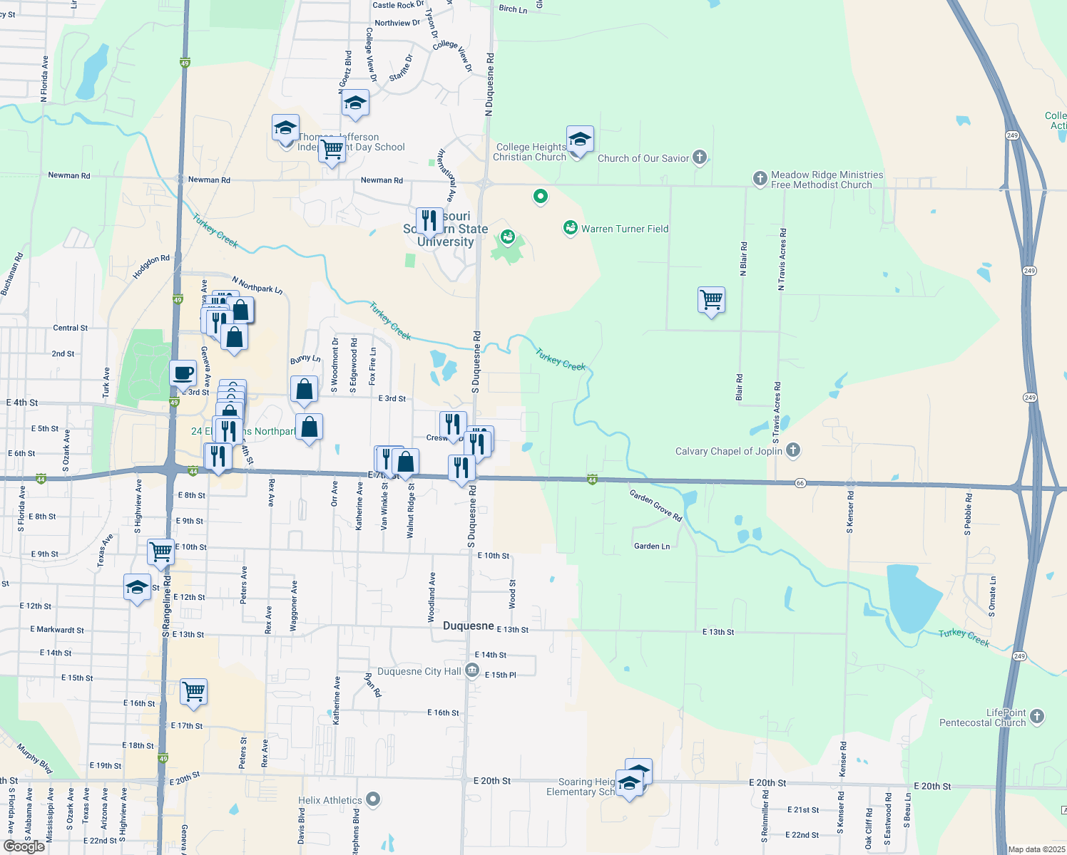 map of restaurants, bars, coffee shops, grocery stores, and more near 4213 University Circle in Joplin