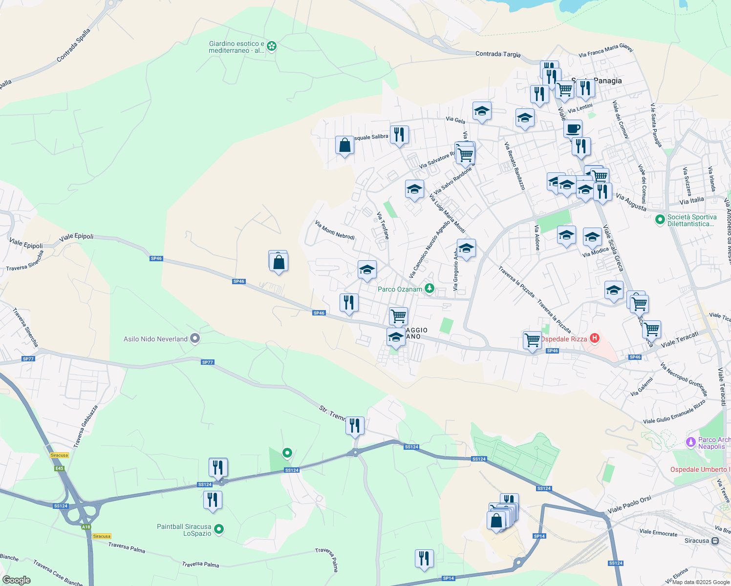 map of restaurants, bars, coffee shops, grocery stores, and more near 15 Via Monte Zimmara in Syracuse