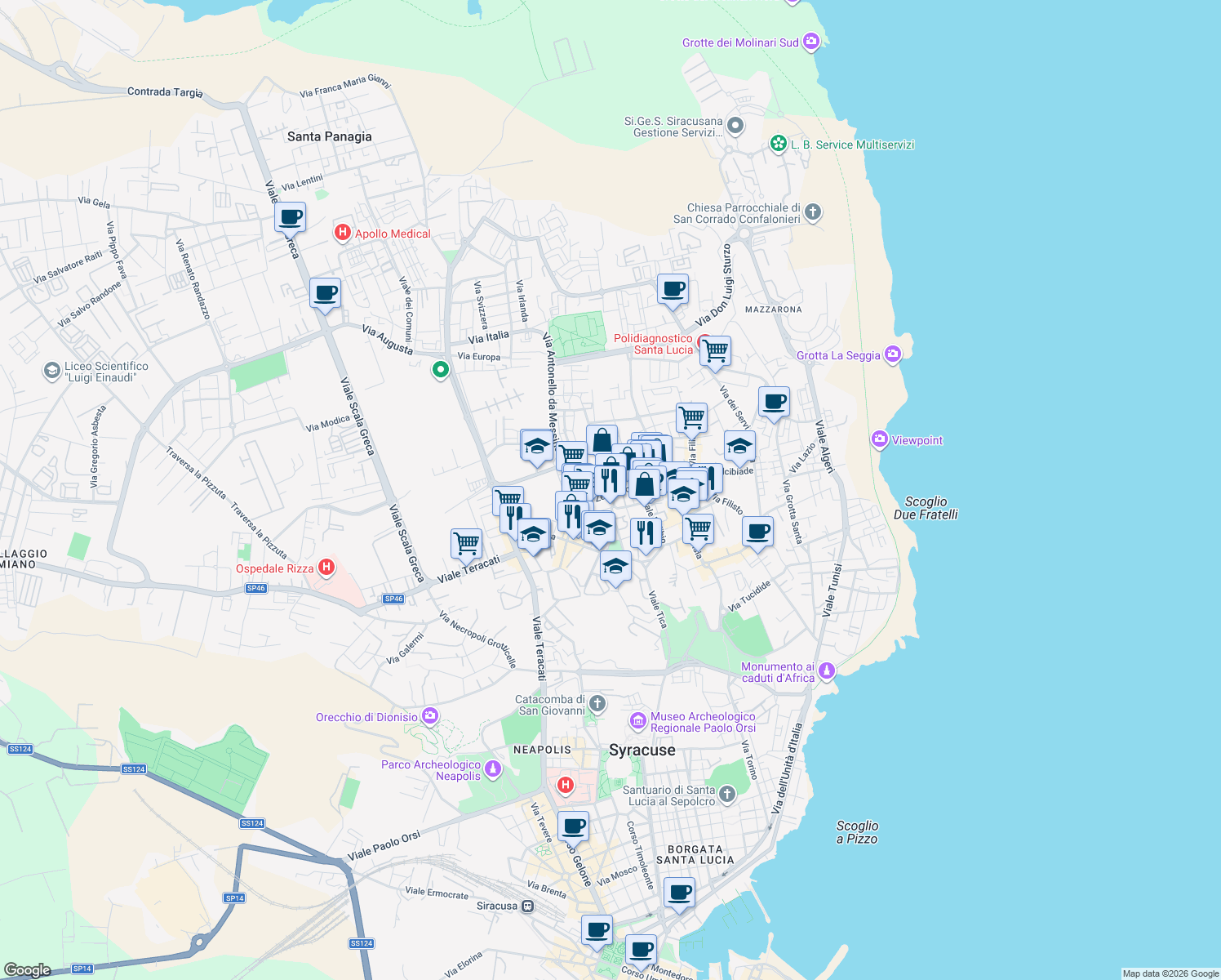 map of restaurants, bars, coffee shops, grocery stores, and more near 30 Via Ignazio Marabitti in Siracusa