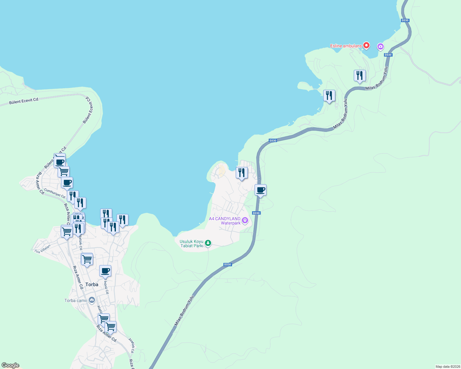map of restaurants, bars, coffee shops, grocery stores, and more near Kaynar Caddesi in Bodrum