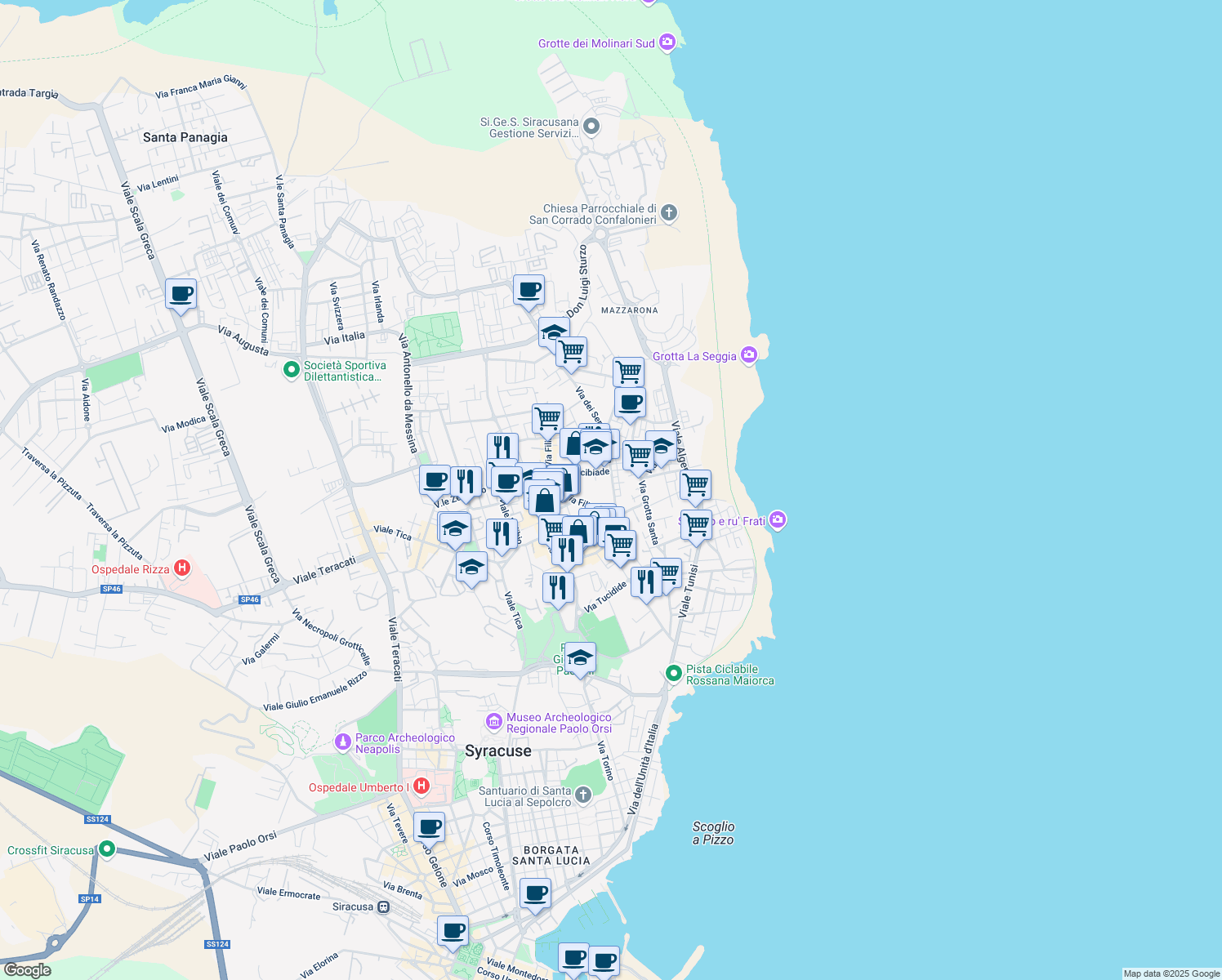 map of restaurants, bars, coffee shops, grocery stores, and more near Via dei Servi di Maria in Syracuse