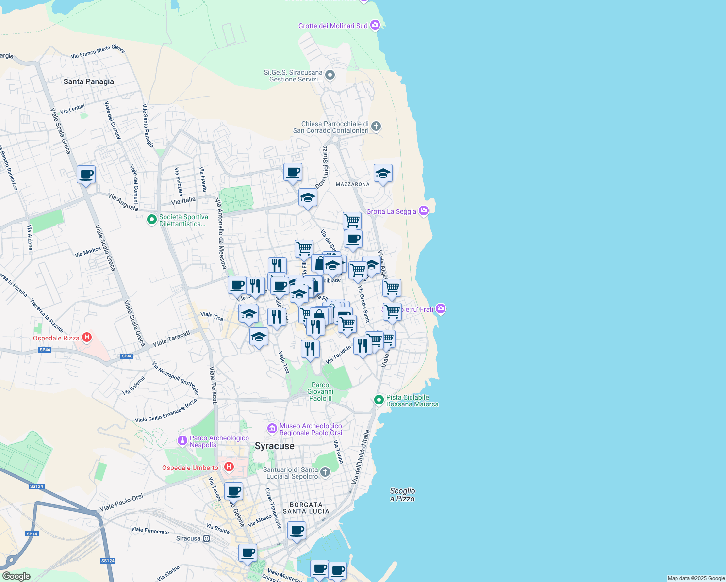 map of restaurants, bars, coffee shops, grocery stores, and more near Via Grottasanta in Syracuse