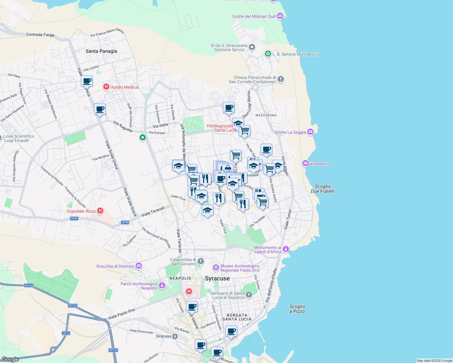 map of restaurants, bars, coffee shops, grocery stores, and more near 118 Via Tisia in Siracusa