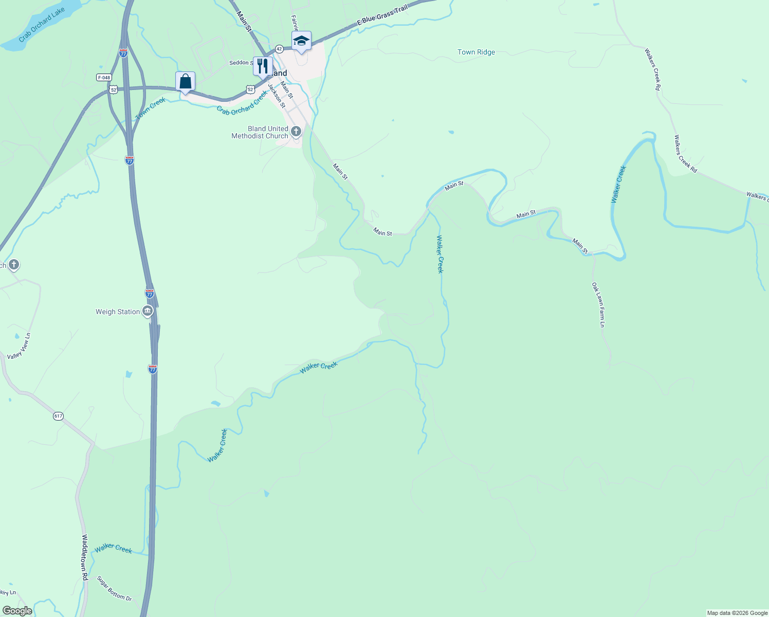 map of restaurants, bars, coffee shops, grocery stores, and more near State Route 656 in Bland