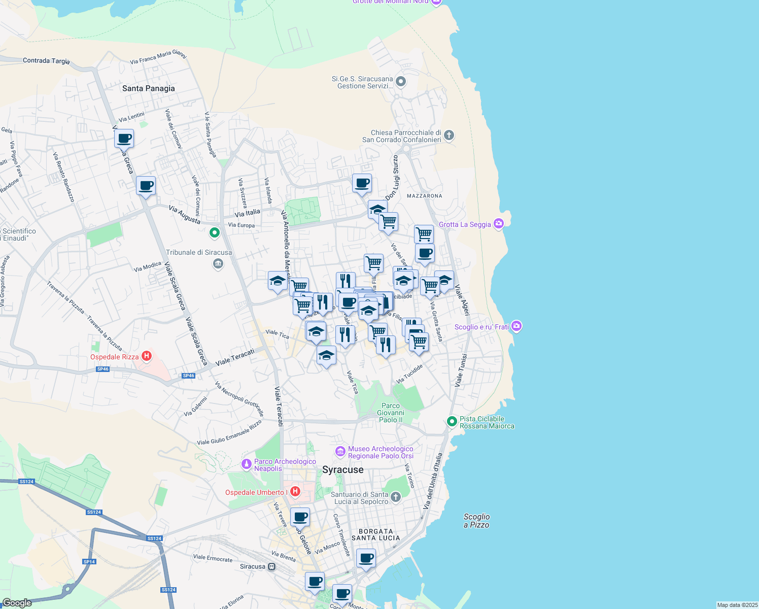 map of restaurants, bars, coffee shops, grocery stores, and more near 28 Via Pitia in Siracusa