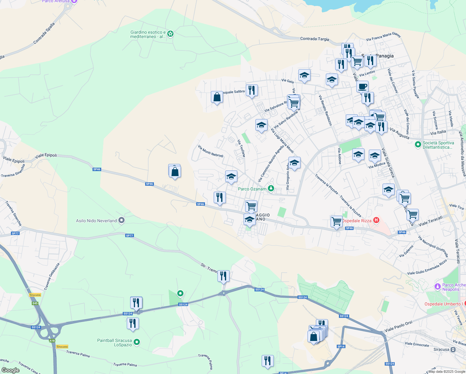 map of restaurants, bars, coffee shops, grocery stores, and more near 15 Via Monte Zimmara in Siracusa