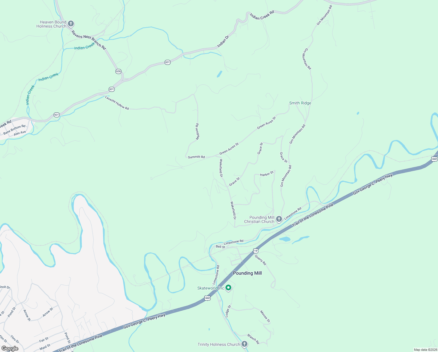map of restaurants, bars, coffee shops, grocery stores, and more near 1008 Grace Street in Pounding Mill