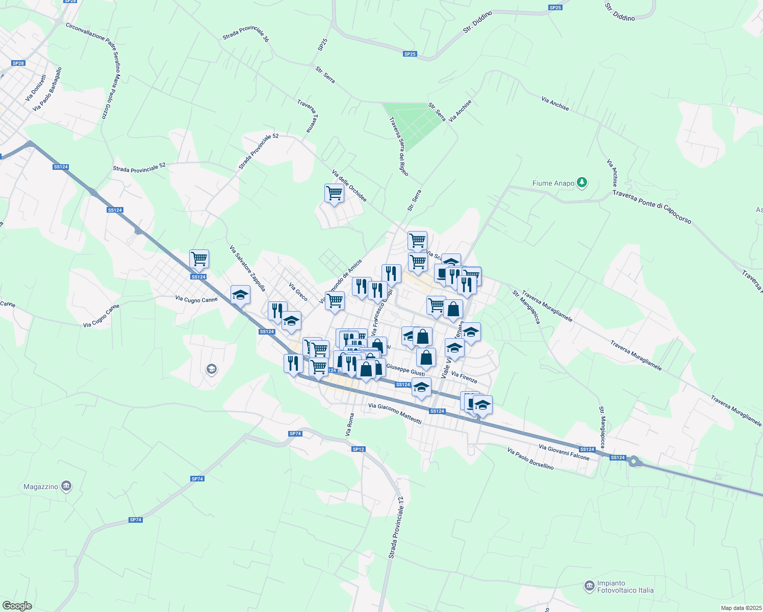 map of restaurants, bars, coffee shops, grocery stores, and more near 185 Via Francesco Crispi in Floridia