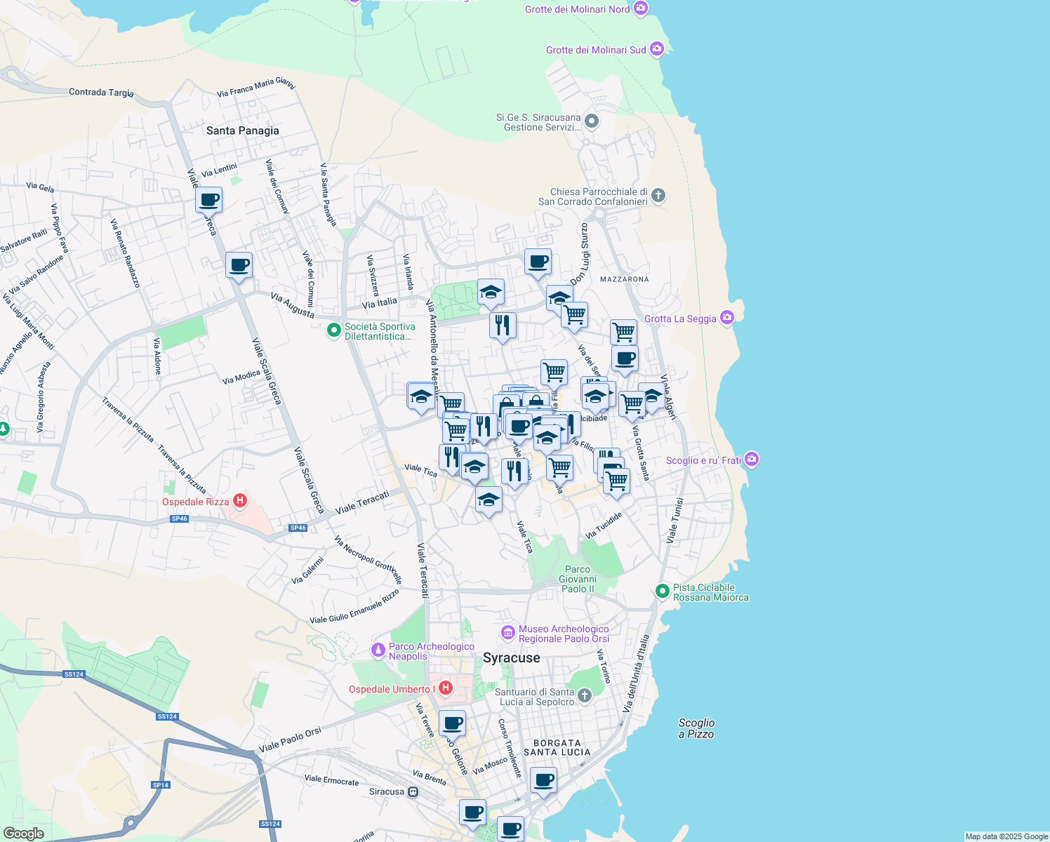 map of restaurants, bars, coffee shops, grocery stores, and more near 15 Via Daniele Monteleoni in Syracuse