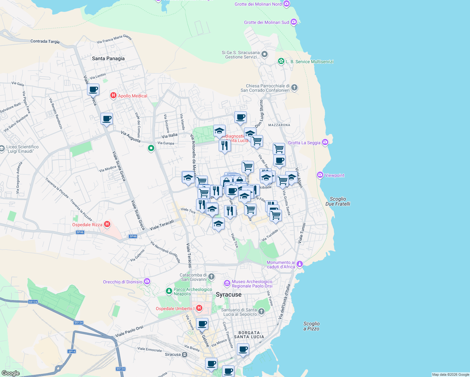 map of restaurants, bars, coffee shops, grocery stores, and more near 15 Via Daniele Monteleoni in Syracuse