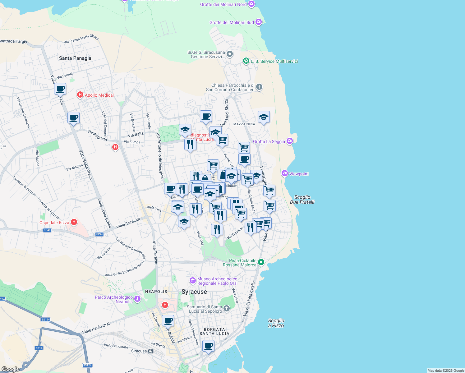 map of restaurants, bars, coffee shops, grocery stores, and more near Ronco VII A Via dei Servi di Maria in Syracuse