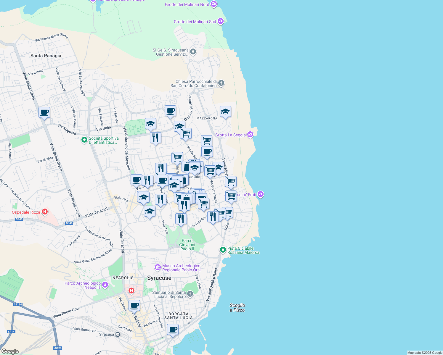 map of restaurants, bars, coffee shops, grocery stores, and more near 10 Via Calabria in Syracuse