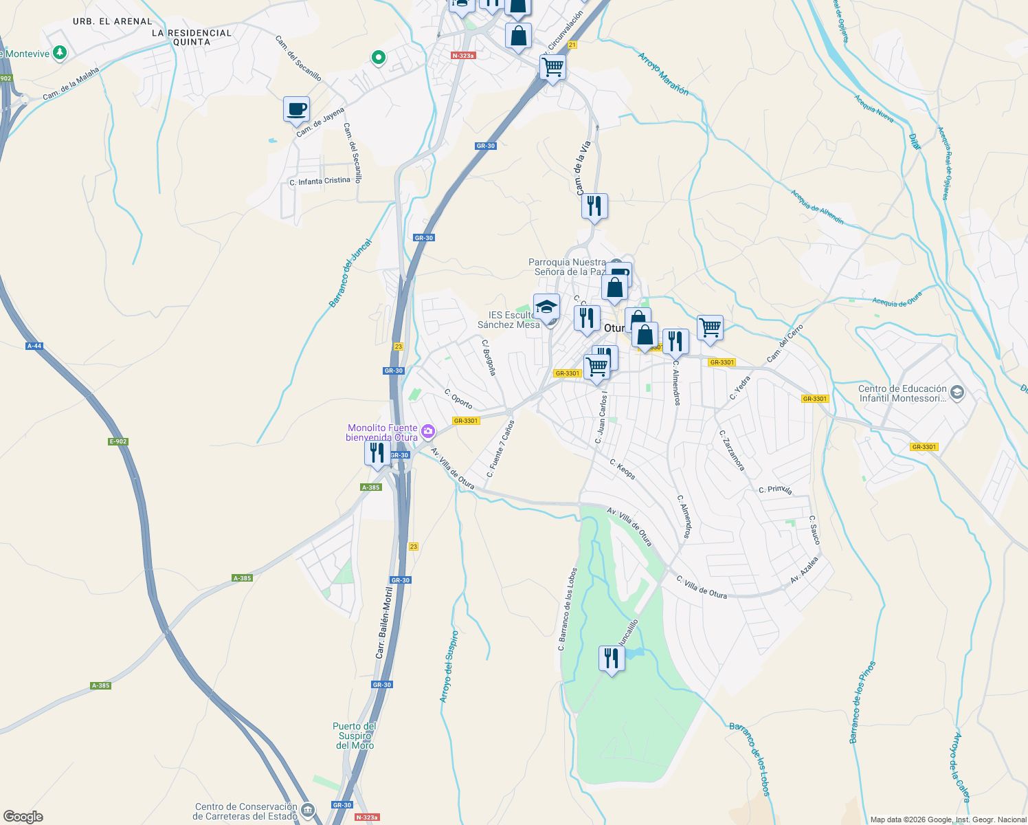 map of restaurants, bars, coffee shops, grocery stores, and more near in Granada