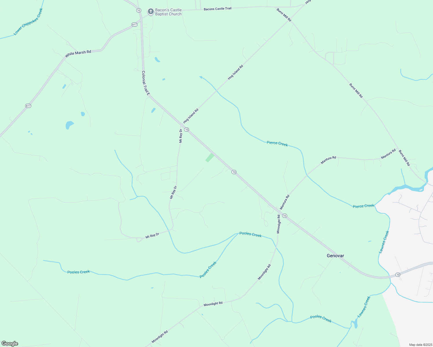 map of restaurants, bars, coffee shops, grocery stores, and more near 8232 Colonial Trail East in Surry