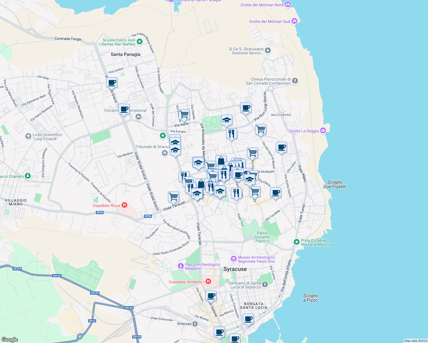 map of restaurants, bars, coffee shops, grocery stores, and more near 48 Via Andrea Palma in Siracusa