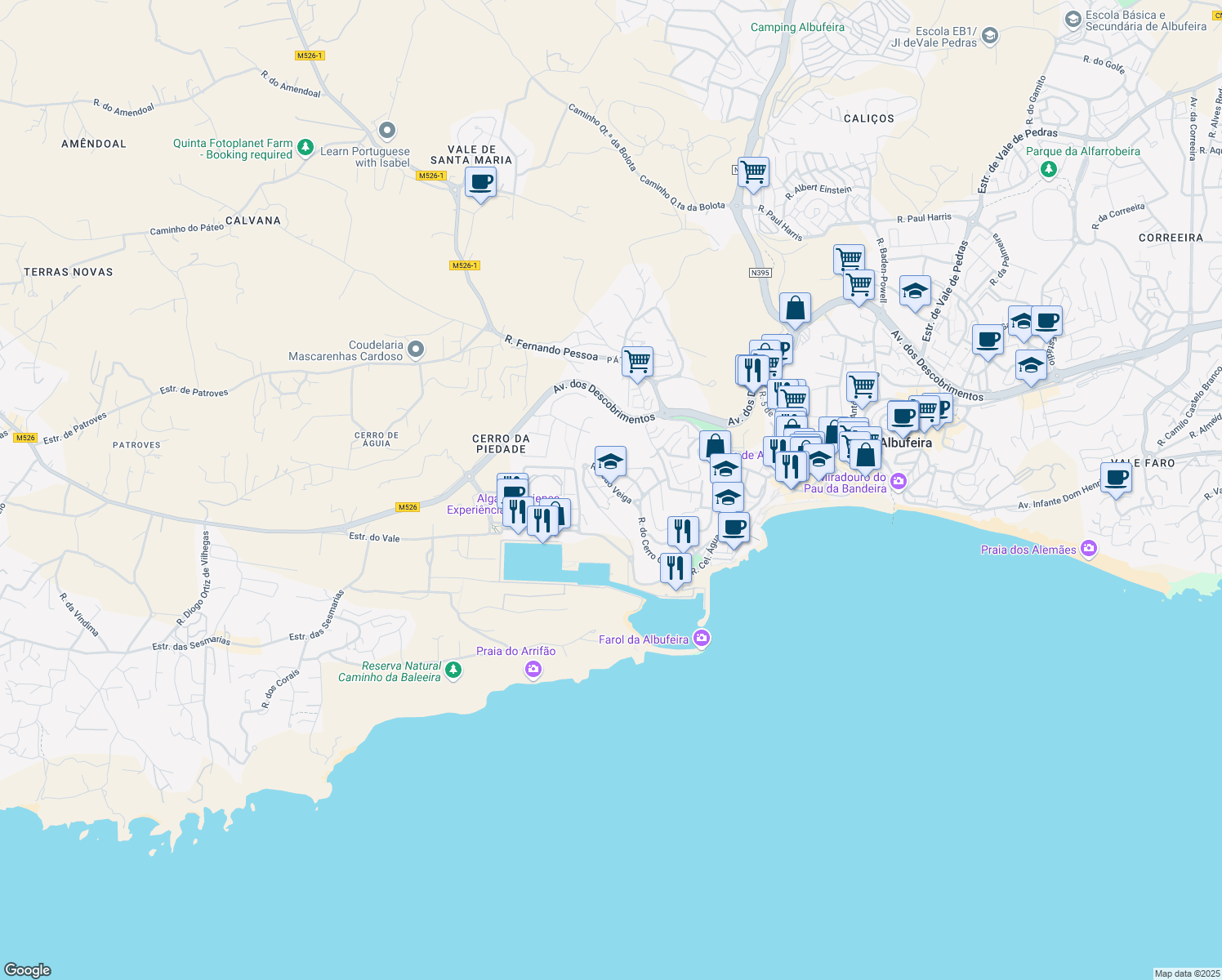 map of restaurants, bars, coffee shops, grocery stores, and more near 38 Rua João Veiga in Albufeira