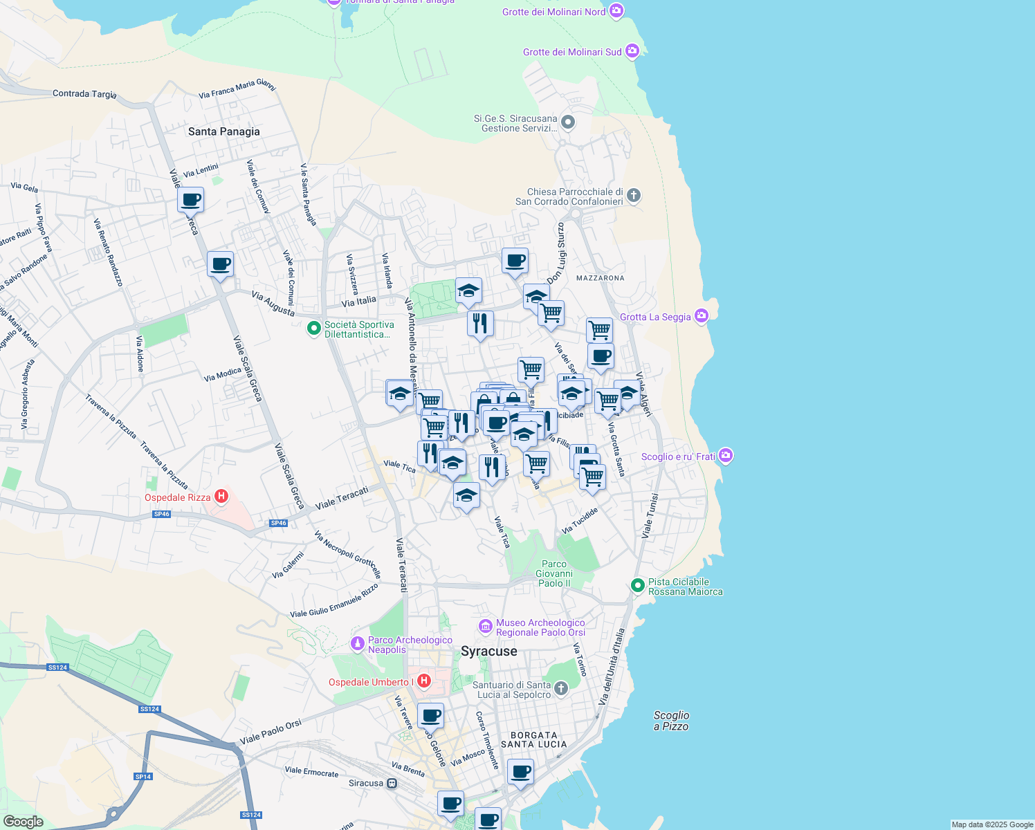 map of restaurants, bars, coffee shops, grocery stores, and more near 15 Via Daniele Monteleoni in Siracusa