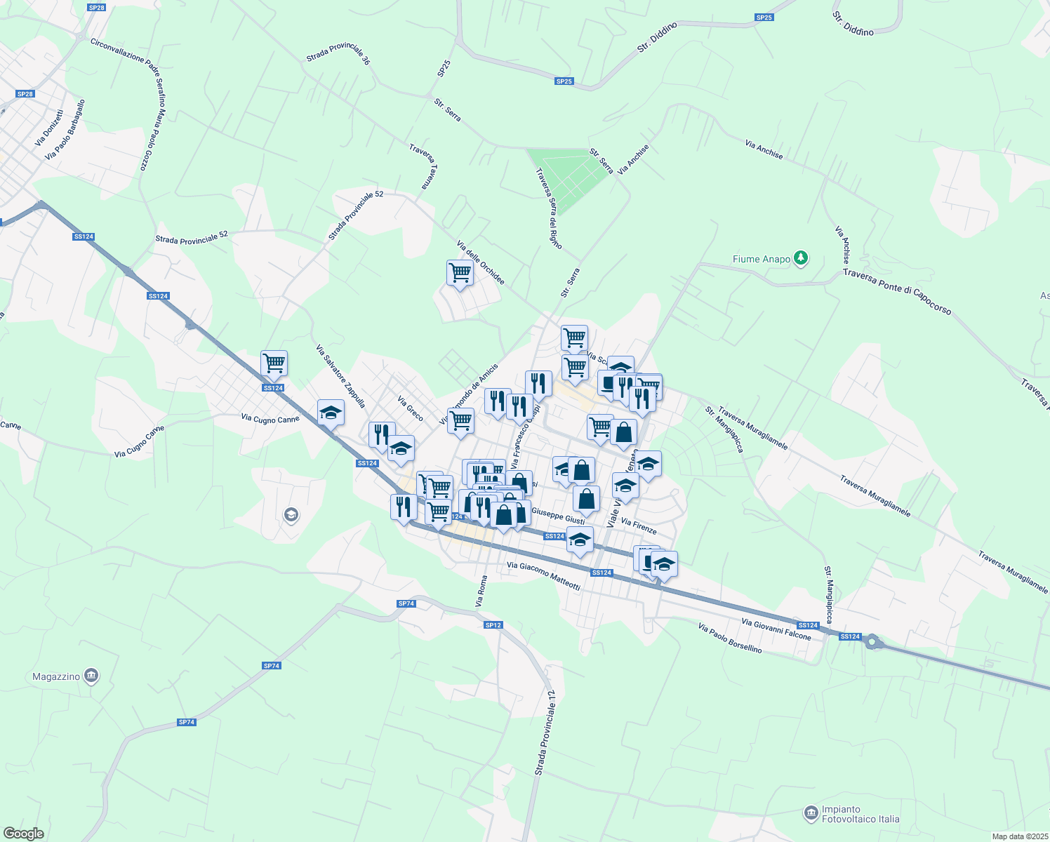 map of restaurants, bars, coffee shops, grocery stores, and more near 185 Via Francesco Crispi in Floridia