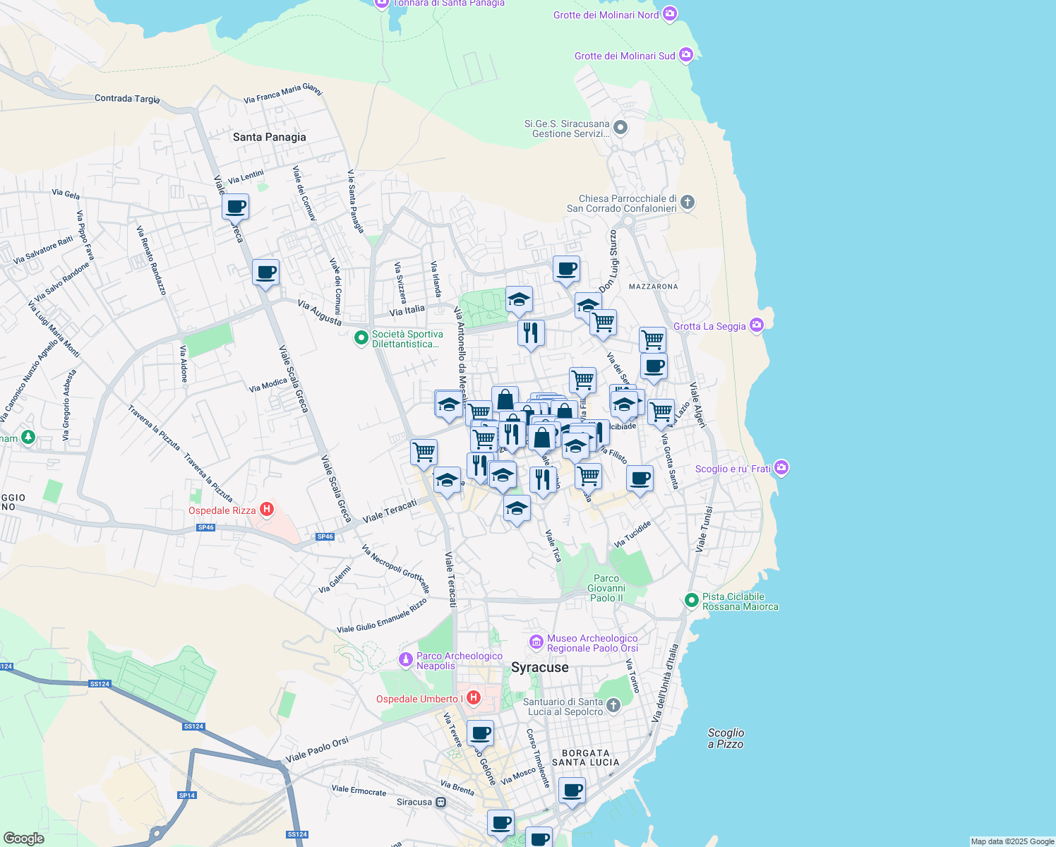 map of restaurants, bars, coffee shops, grocery stores, and more near 43 Via Pietro Novelli in Siracusa