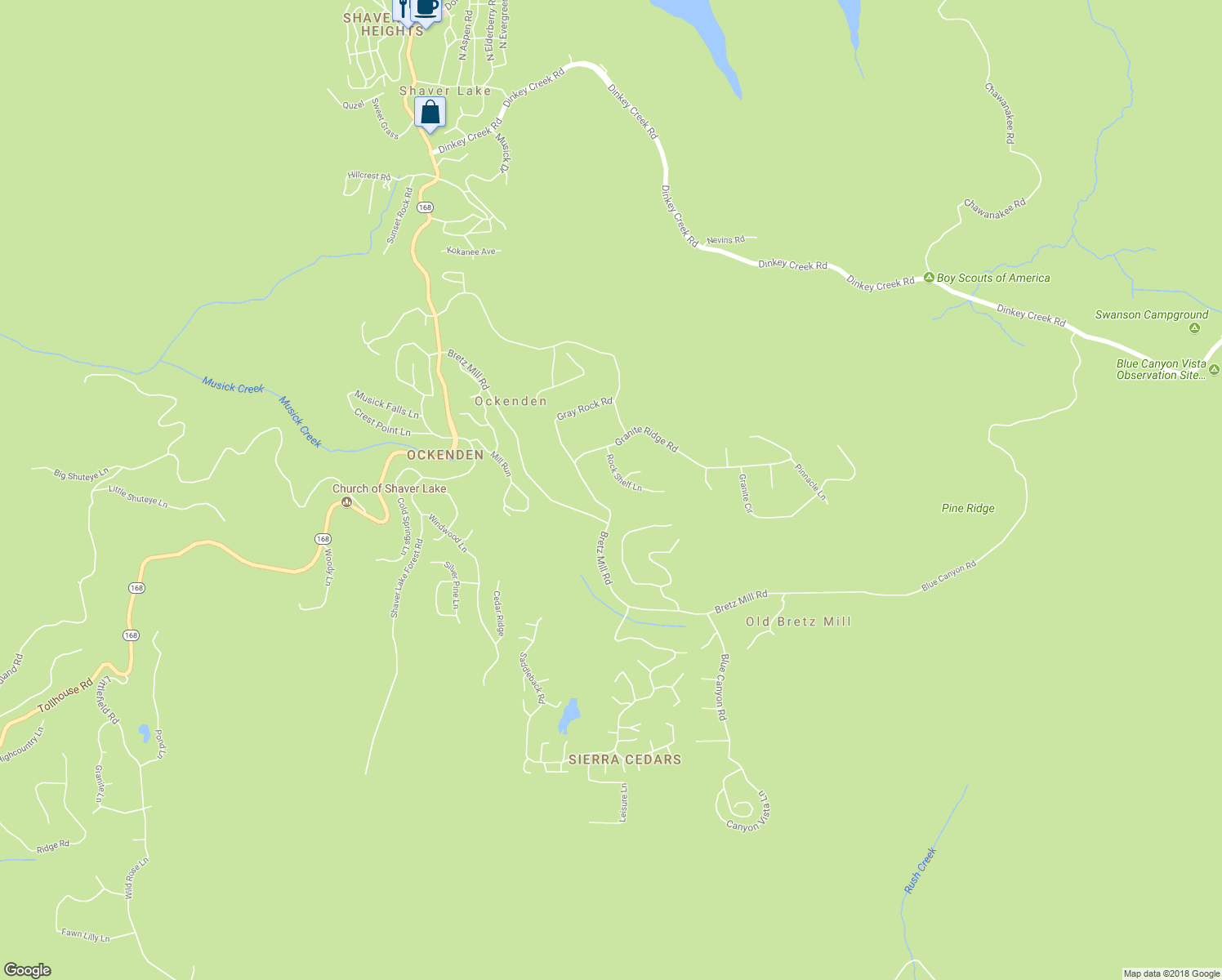 map of restaurants, bars, coffee shops, grocery stores, and more near 41892 Rock Shelf Lane in Shaver Lake