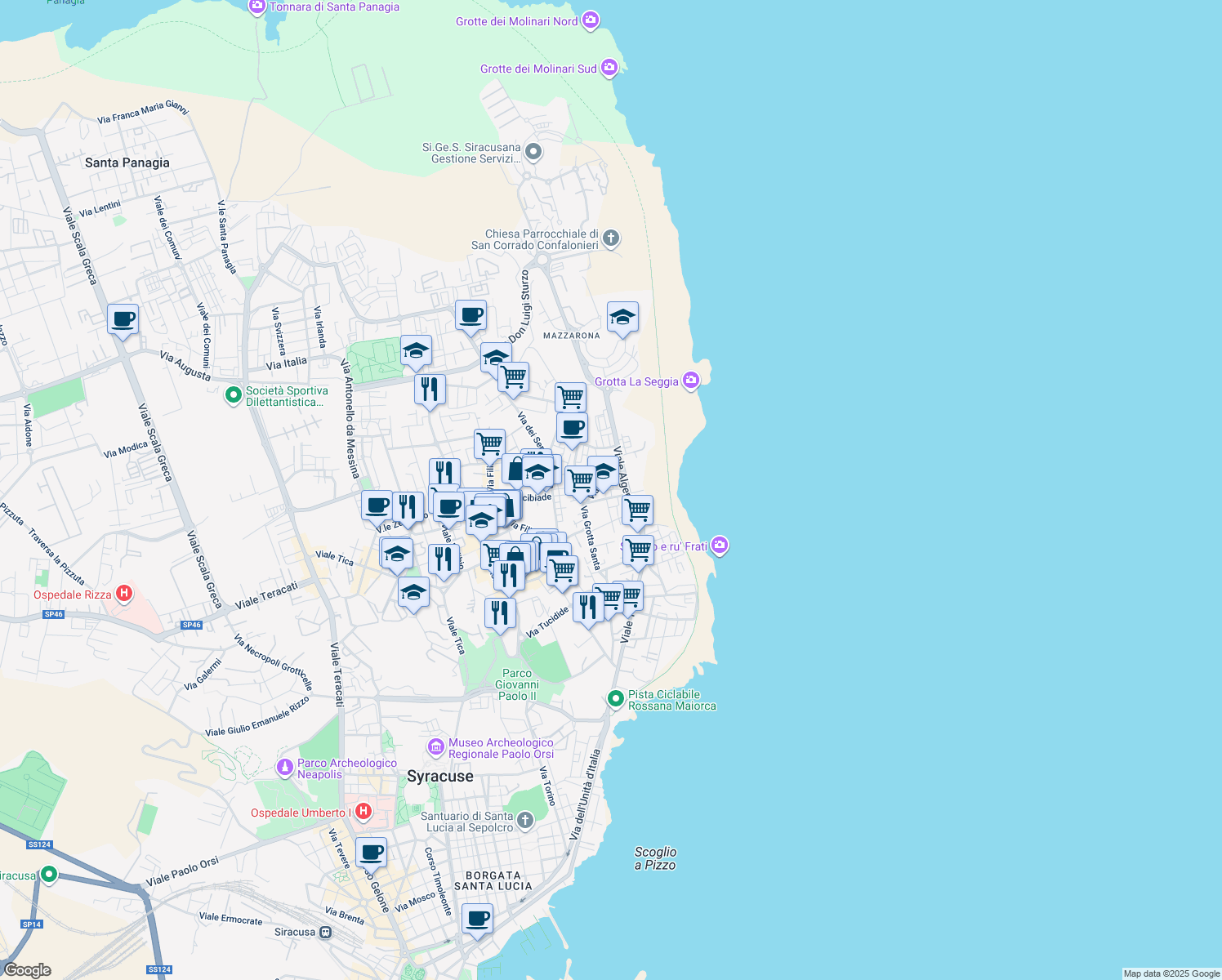 map of restaurants, bars, coffee shops, grocery stores, and more near 10 Via Calabria in Syracuse
