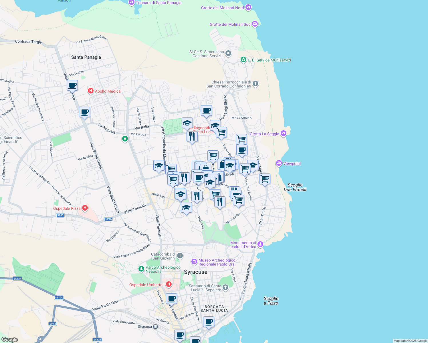 map of restaurants, bars, coffee shops, grocery stores, and more near 140 Via Filisto in Siracusa