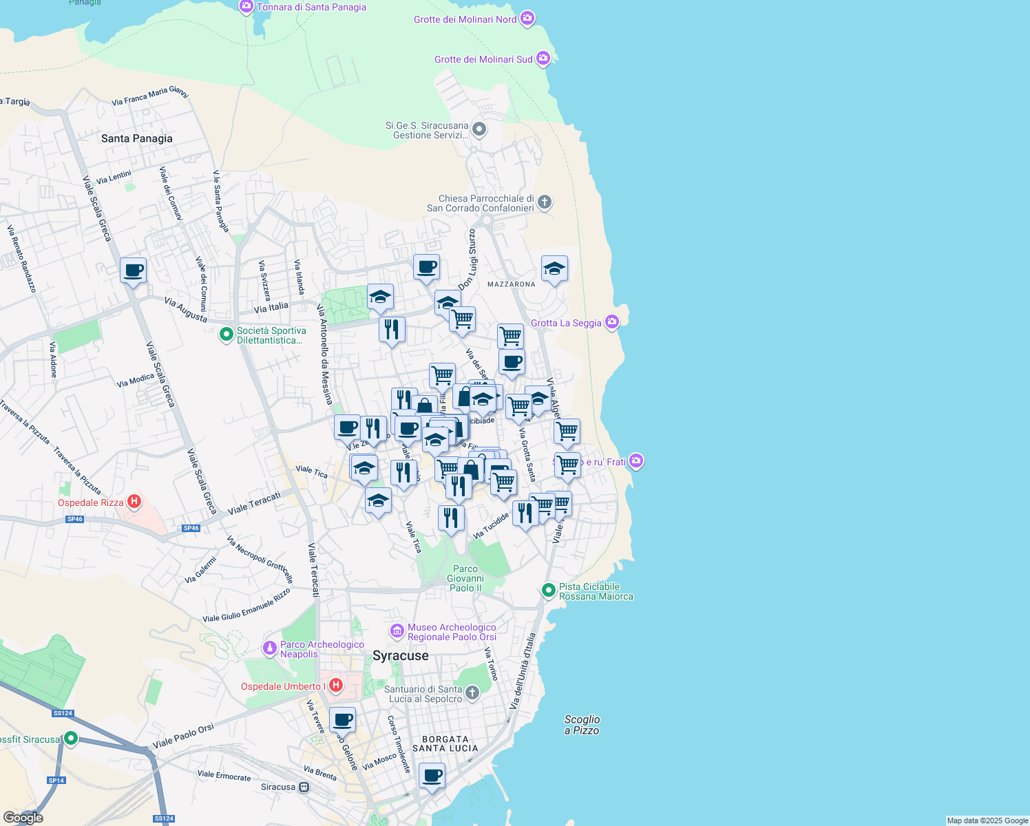 map of restaurants, bars, coffee shops, grocery stores, and more near 159 Via Grotta Santa in Siracusa