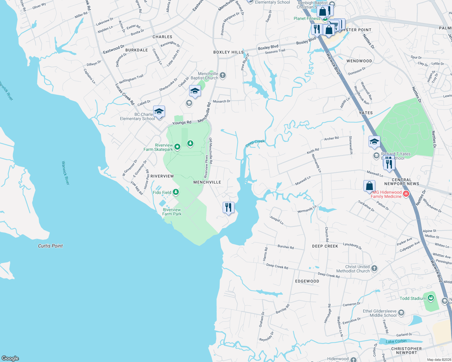 map of restaurants, bars, coffee shops, grocery stores, and more near 358 Wood Duck Ln in Newport News