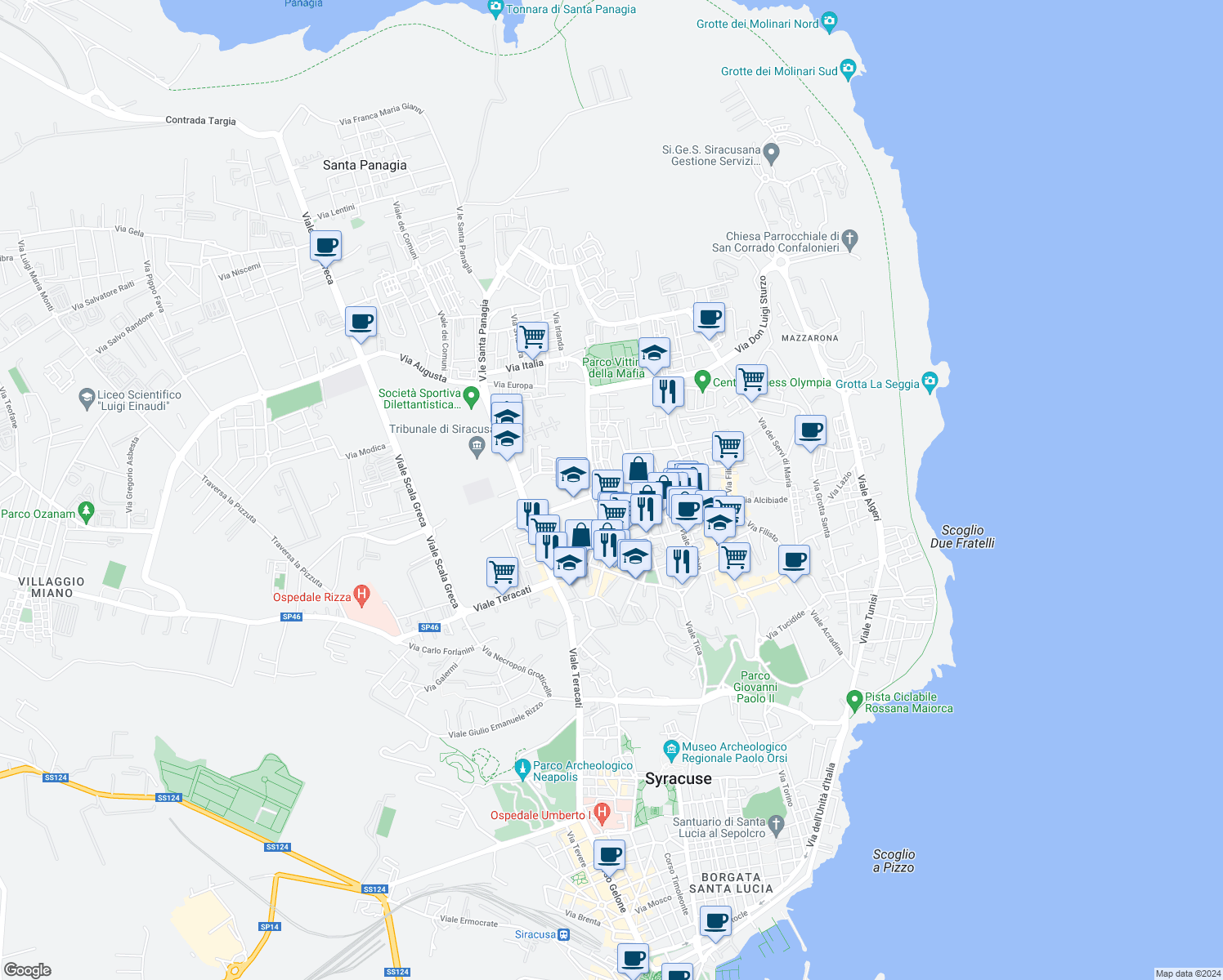 map of restaurants, bars, coffee shops, grocery stores, and more near 48 Via Andrea Palma in Siracusa