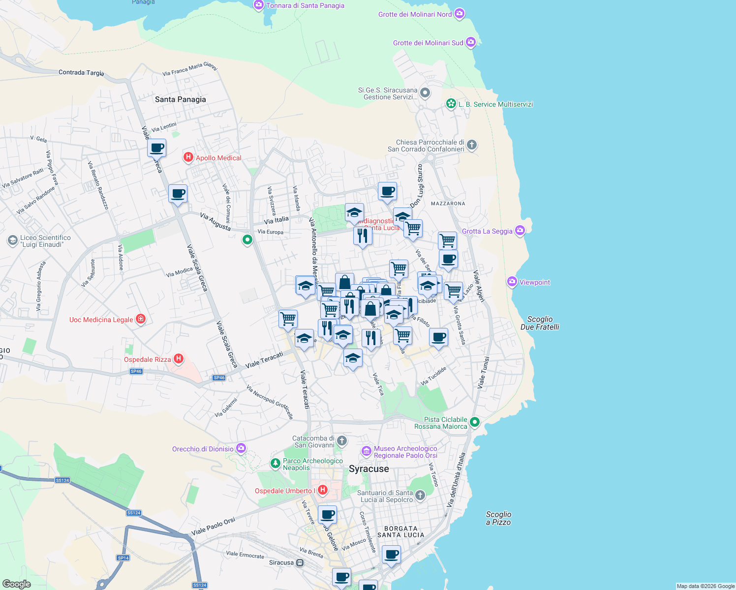 map of restaurants, bars, coffee shops, grocery stores, and more near 45 Via Pietro Novelli in Siracusa