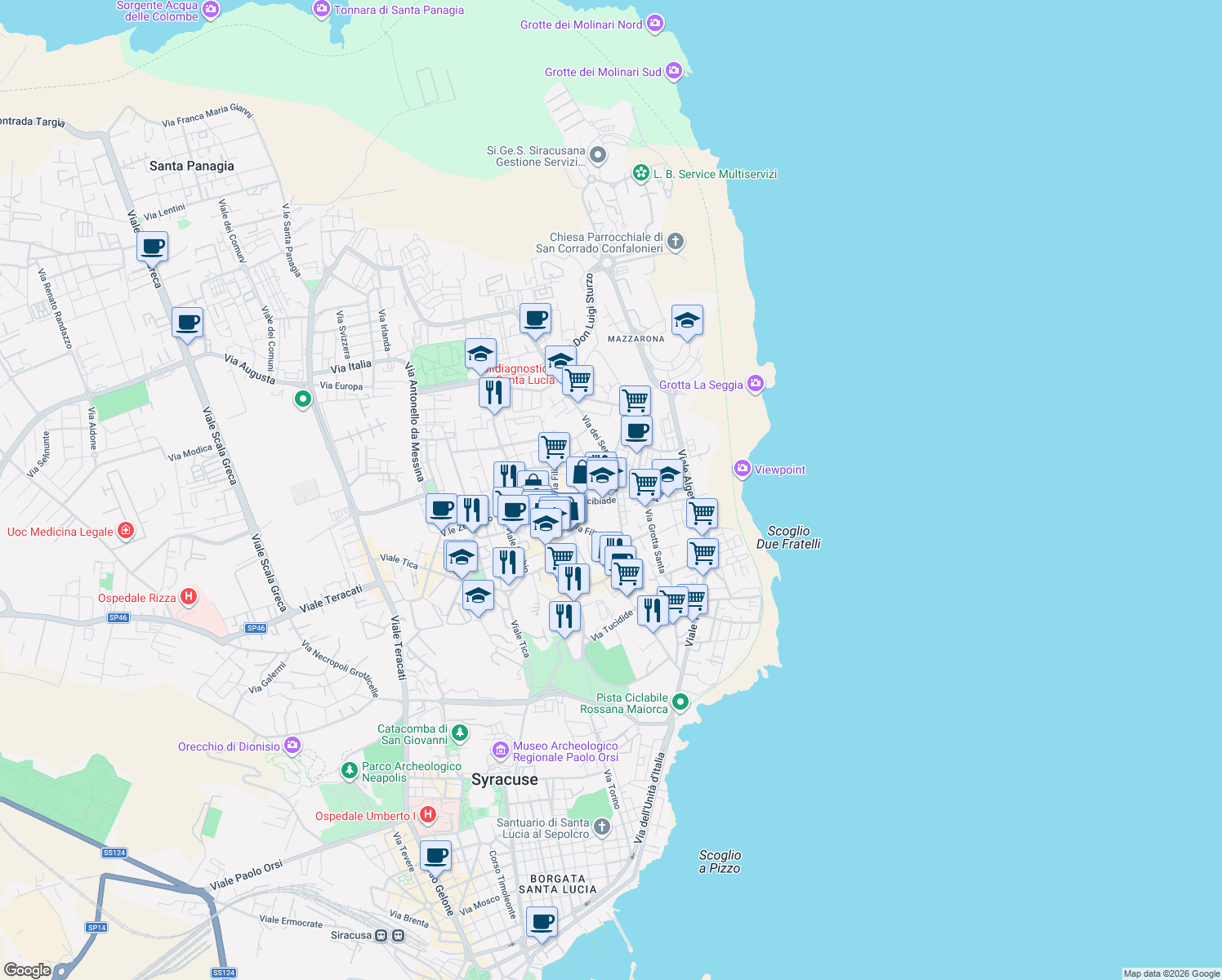 map of restaurants, bars, coffee shops, grocery stores, and more near 55 Via dei Servi di Maria in Siracusa