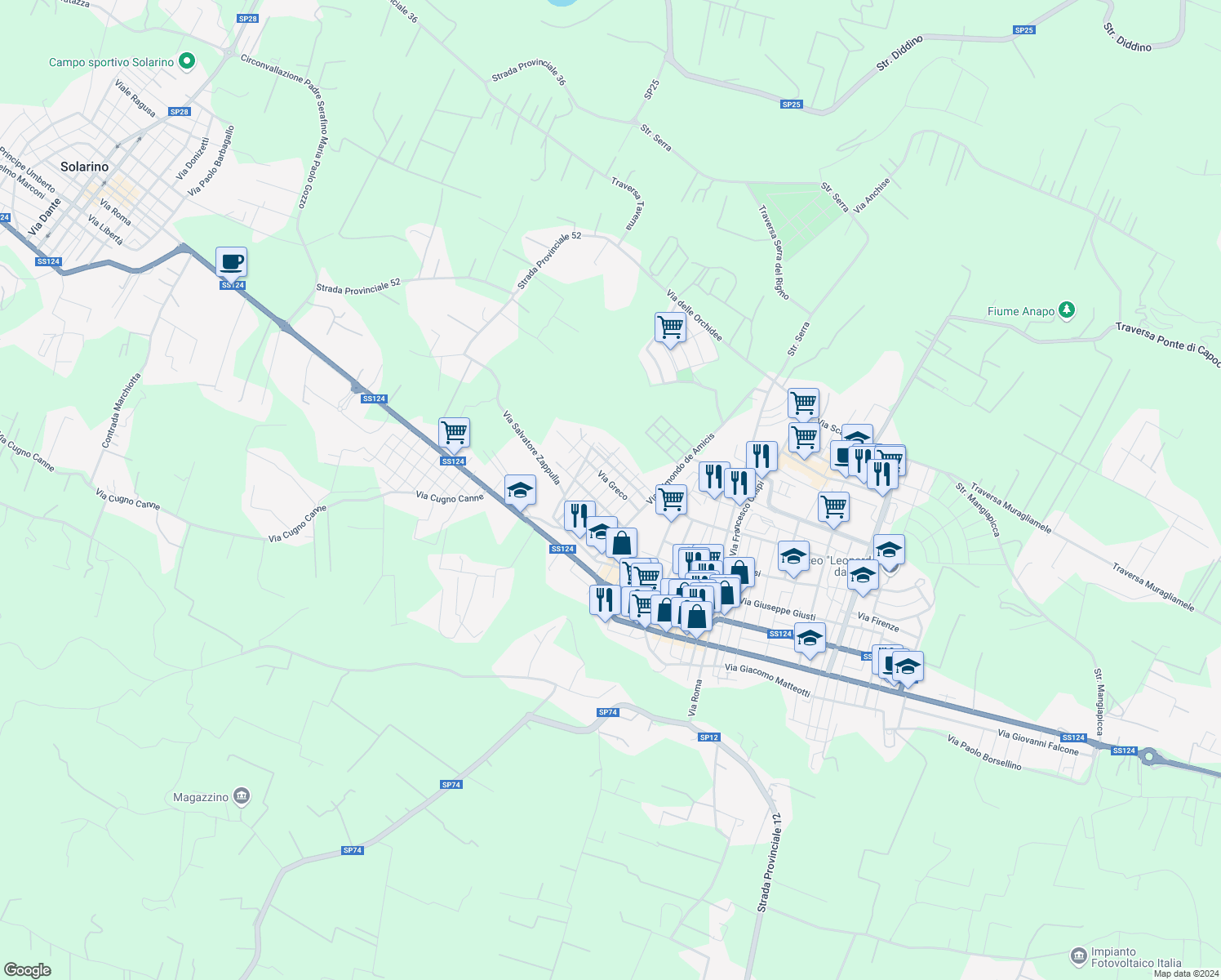map of restaurants, bars, coffee shops, grocery stores, and more near 60 Via Giosuè Carducci in Floridia
