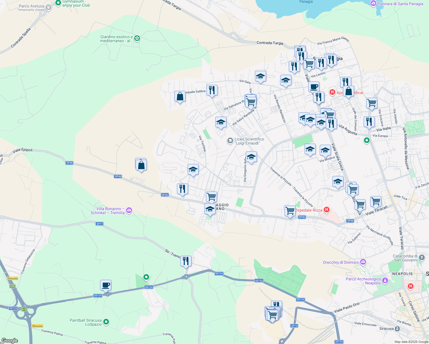 map of restaurants, bars, coffee shops, grocery stores, and more near 32 Via Monte Renna in Siracusa