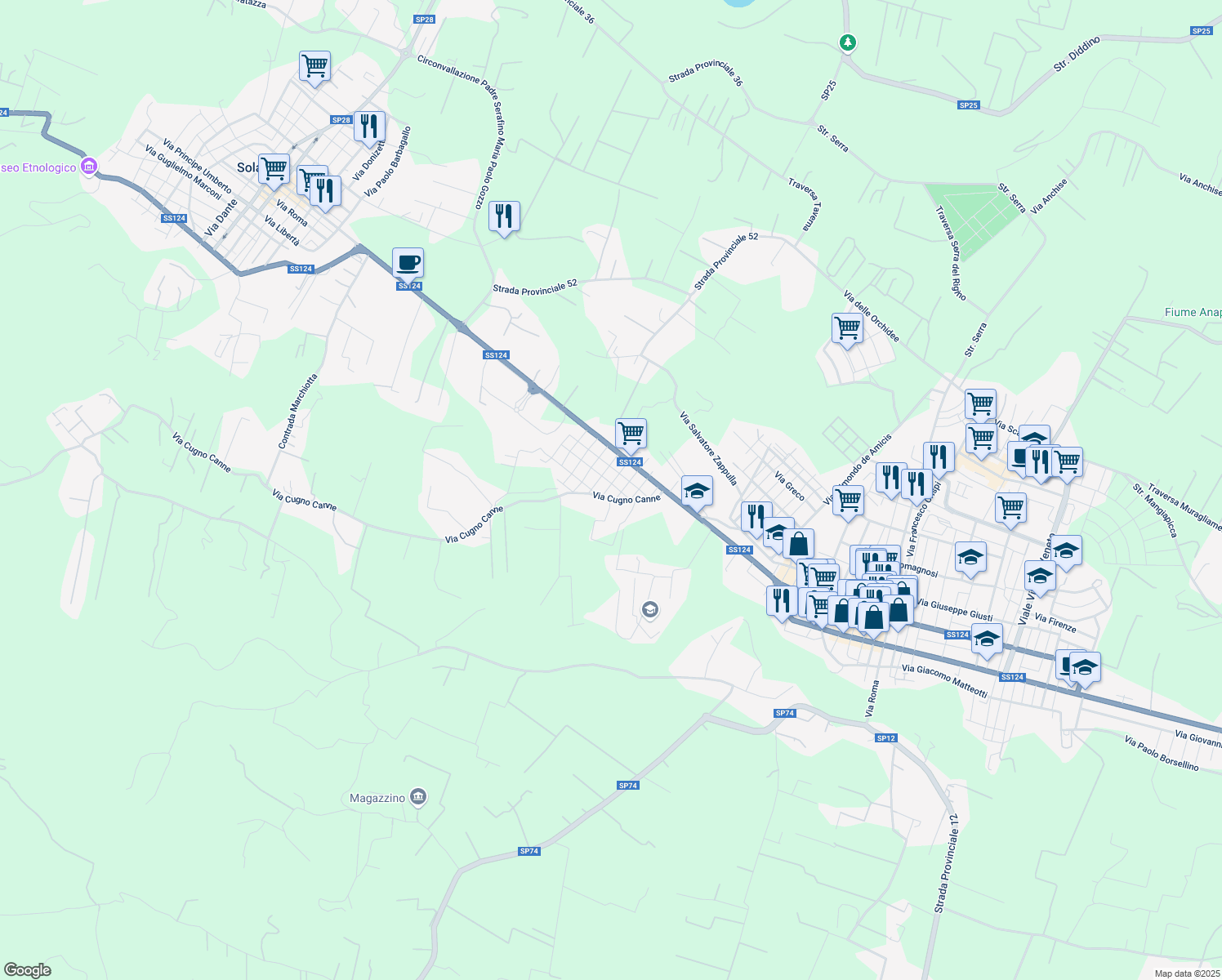 map of restaurants, bars, coffee shops, grocery stores, and more near 9 Via Rosselli Fratelli in Floridia