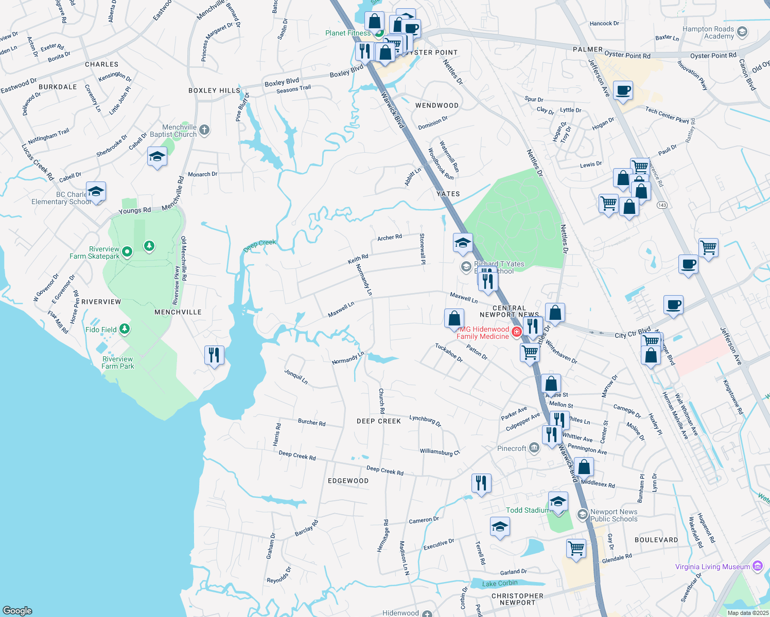 map of restaurants, bars, coffee shops, grocery stores, and more near 6 Mammoth Oak Road in Newport News