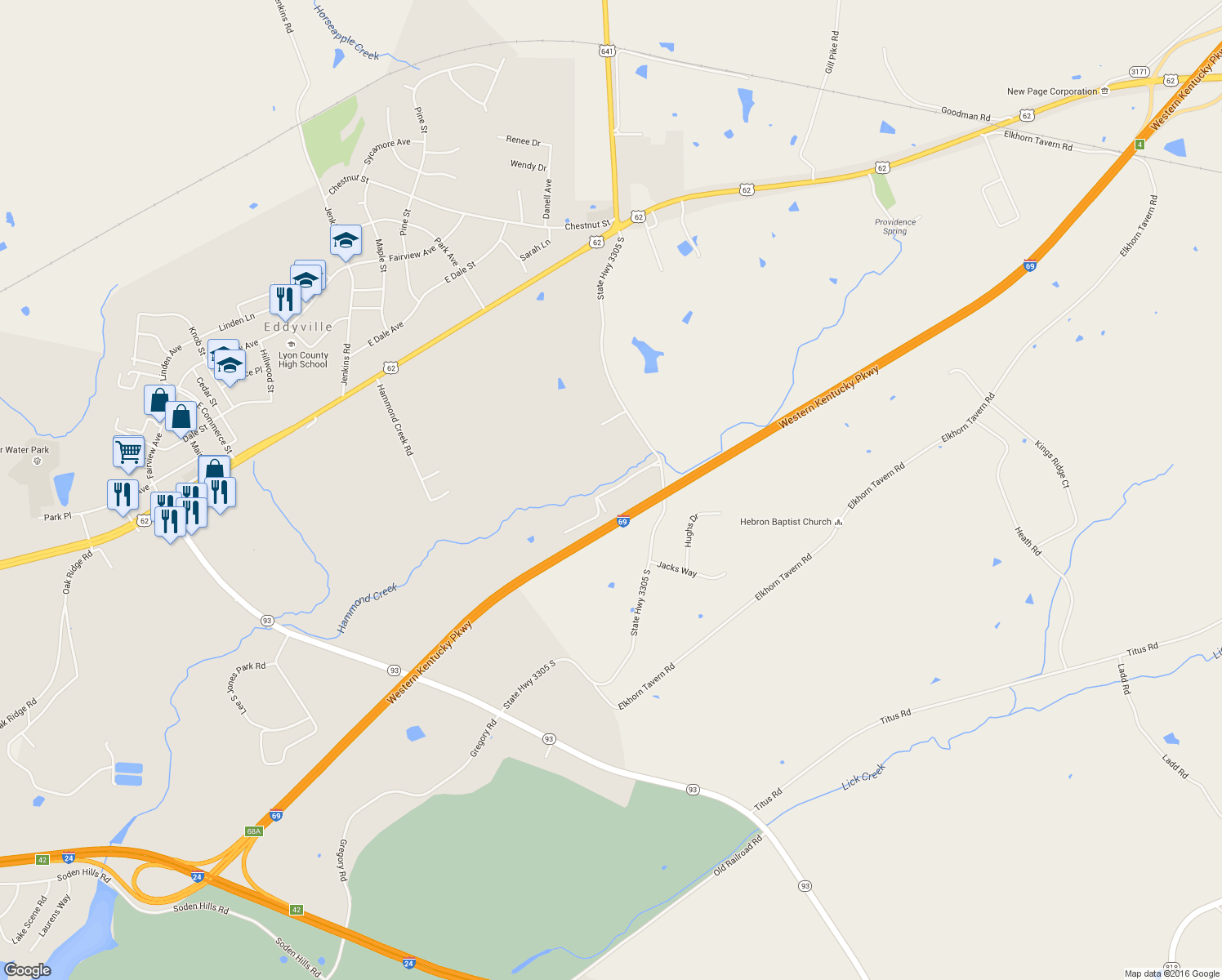 map of restaurants, bars, coffee shops, grocery stores, and more near Pebble Creek Rd in Eddyville