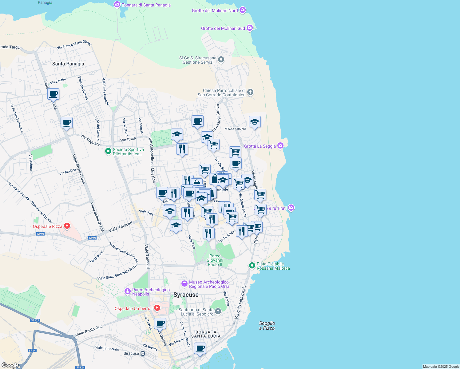 map of restaurants, bars, coffee shops, grocery stores, and more near Ronco VII A Via dei Servi di Maria in Siracusa