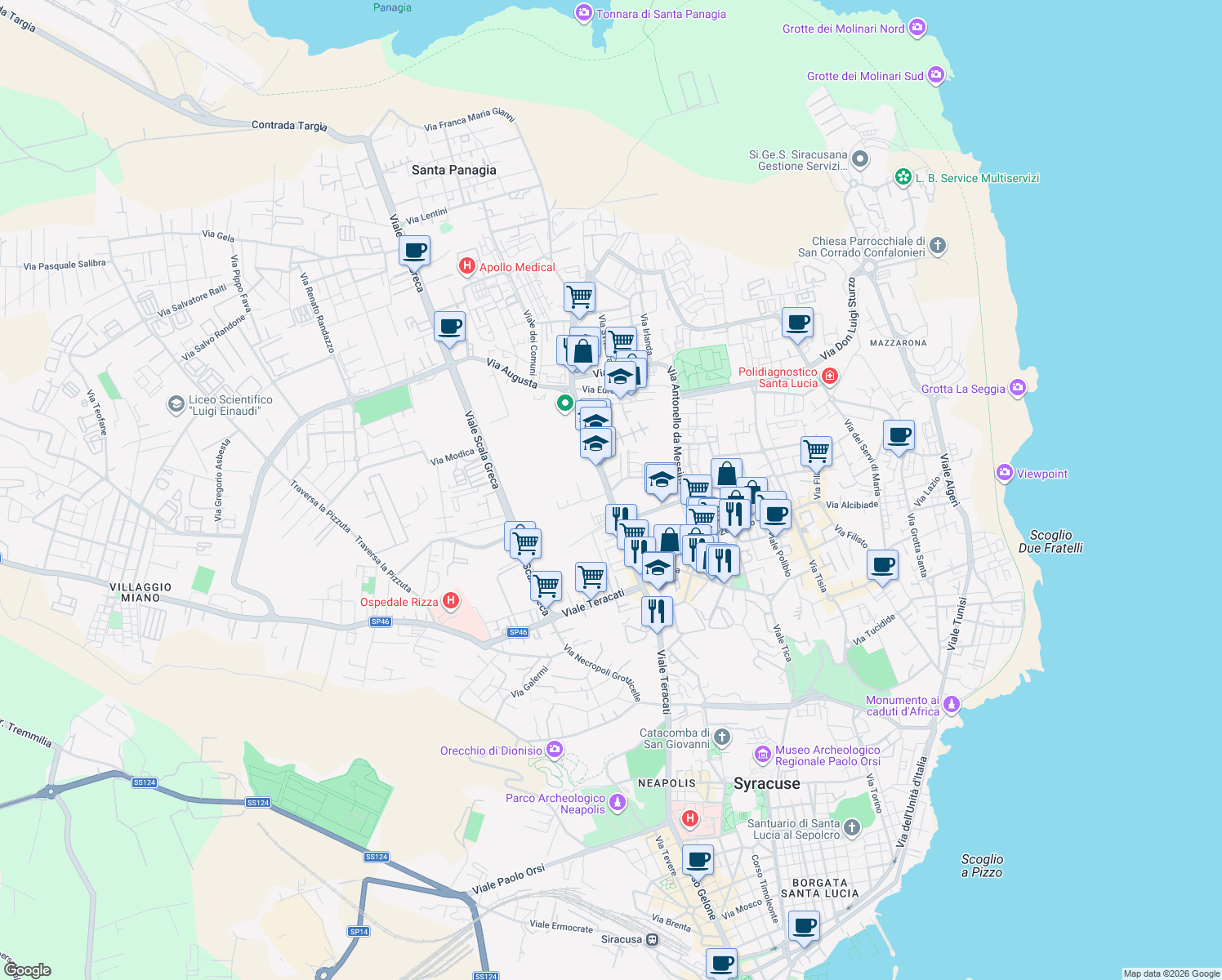 map of restaurants, bars, coffee shops, grocery stores, and more near 102 Viale Santa Panagia in Syracuse
