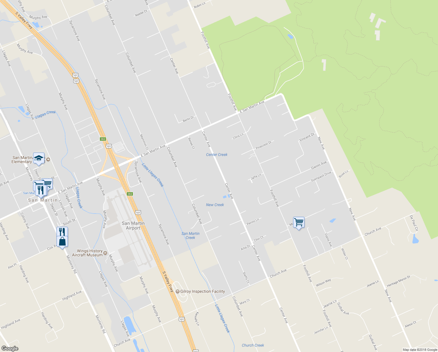 map of restaurants, bars, coffee shops, grocery stores, and more near 12875 Center Avenue in San Martin