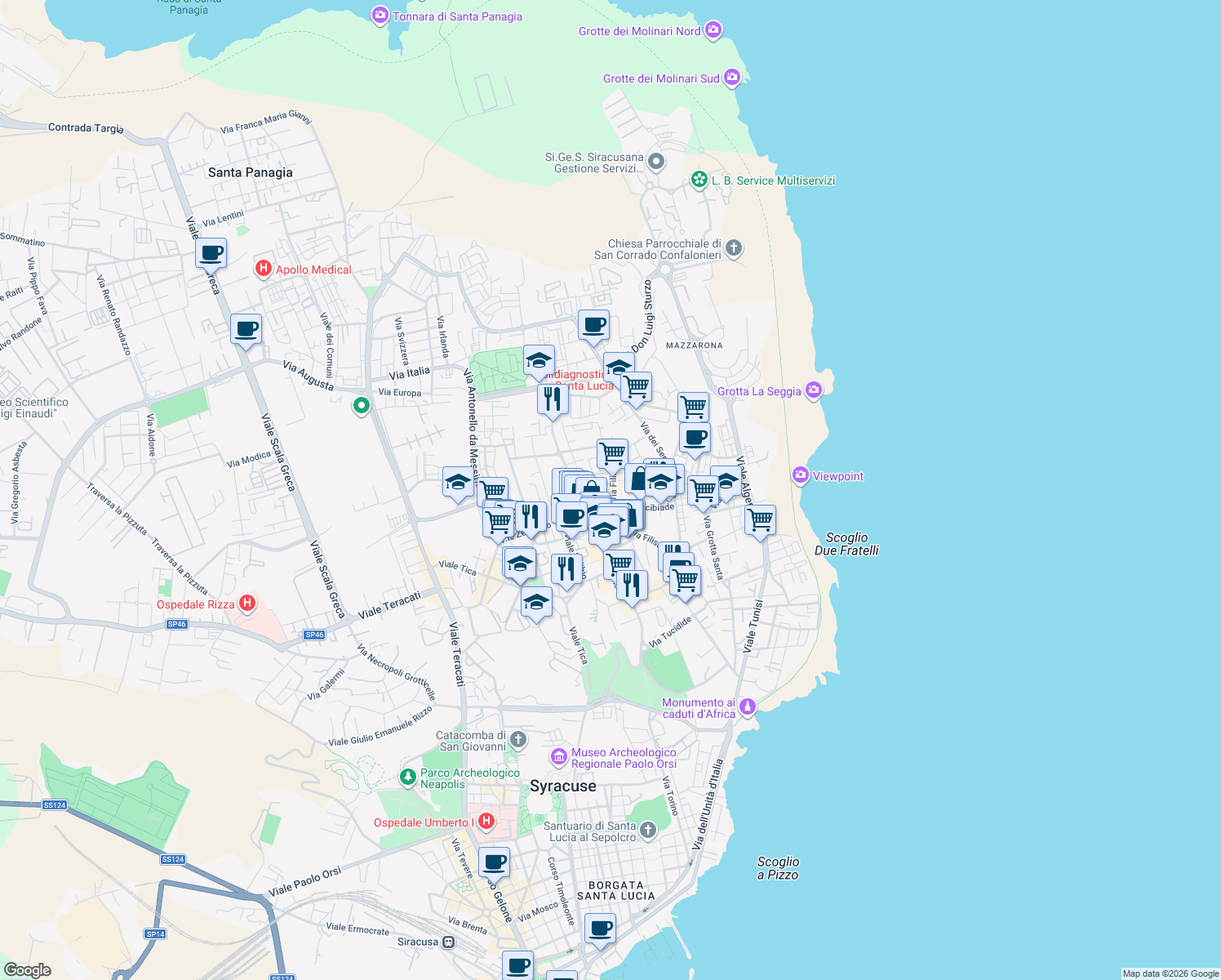 map of restaurants, bars, coffee shops, grocery stores, and more near 140 Via Filisto in Siracusa