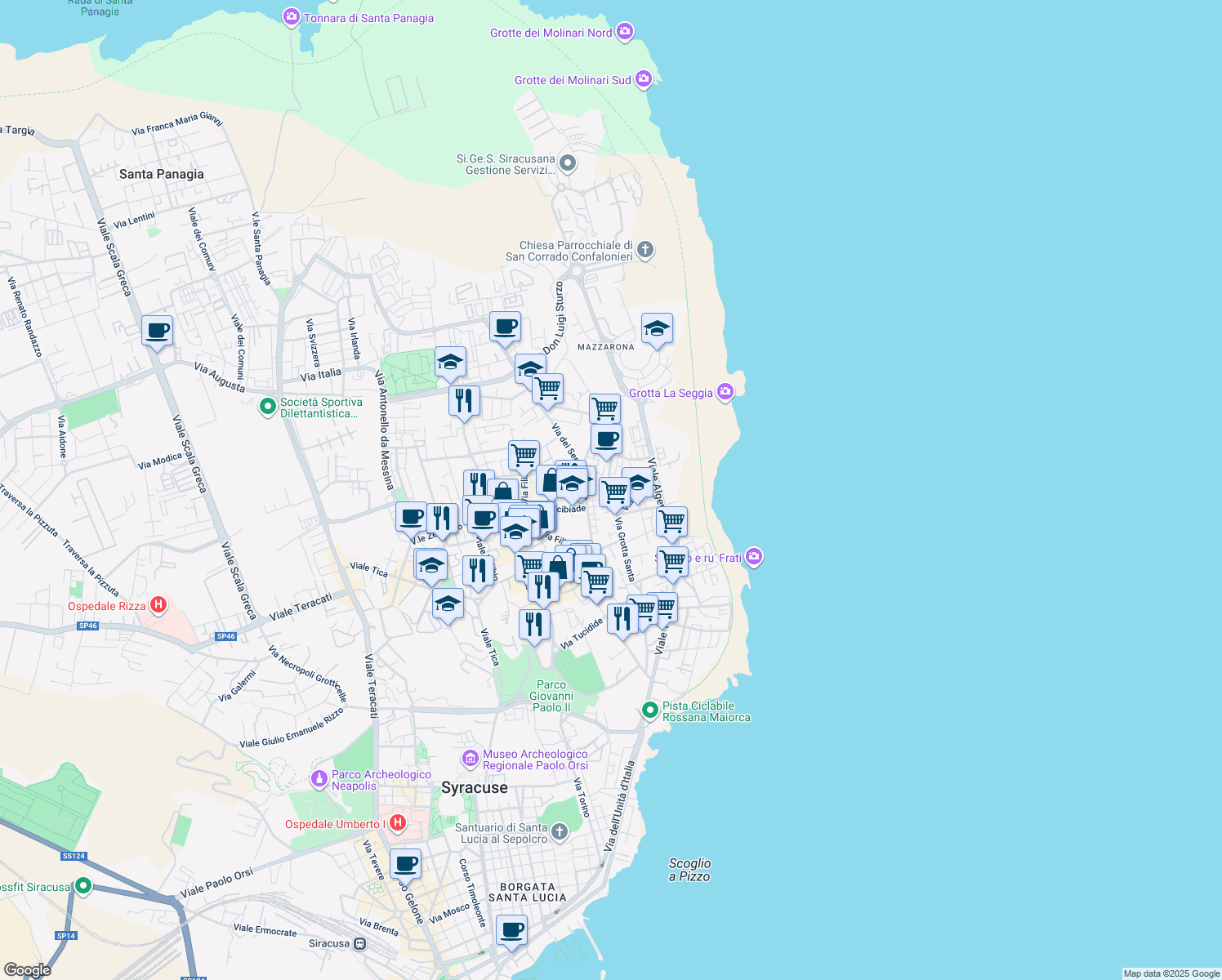 map of restaurants, bars, coffee shops, grocery stores, and more near 159 Via Grotta Santa in Siracusa
