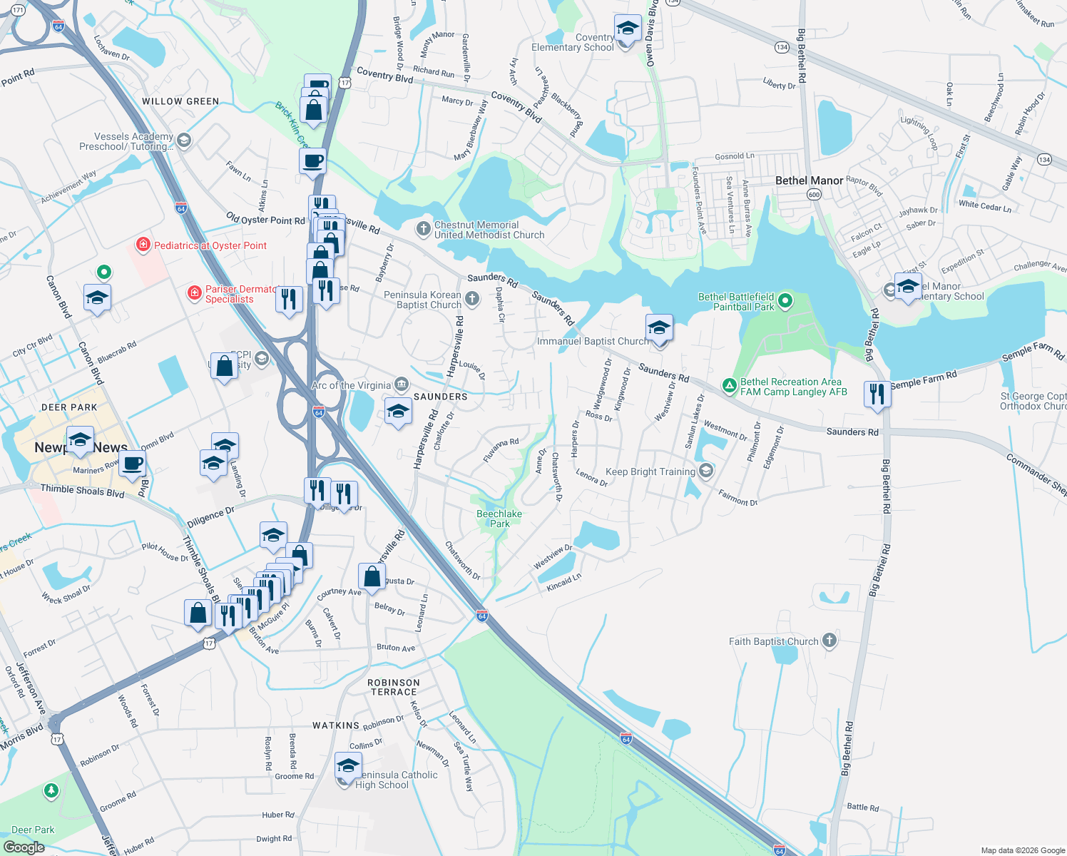 map of restaurants, bars, coffee shops, grocery stores, and more near 948 Fluvanna Road in Newport News