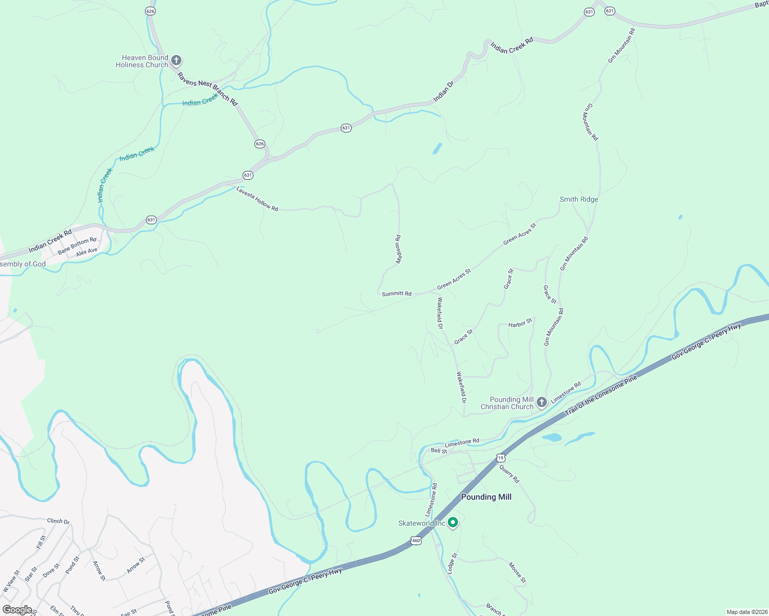 map of restaurants, bars, coffee shops, grocery stores, and more near Green Acres Road in Pounding Mill